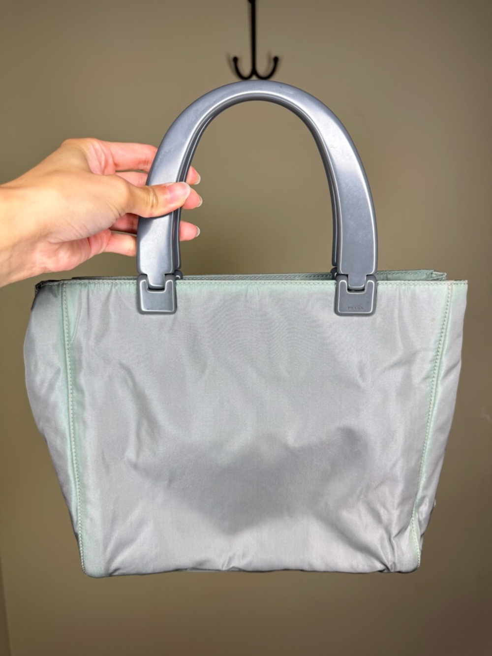 Prada Light Gray Tote with Slate Gray Handles